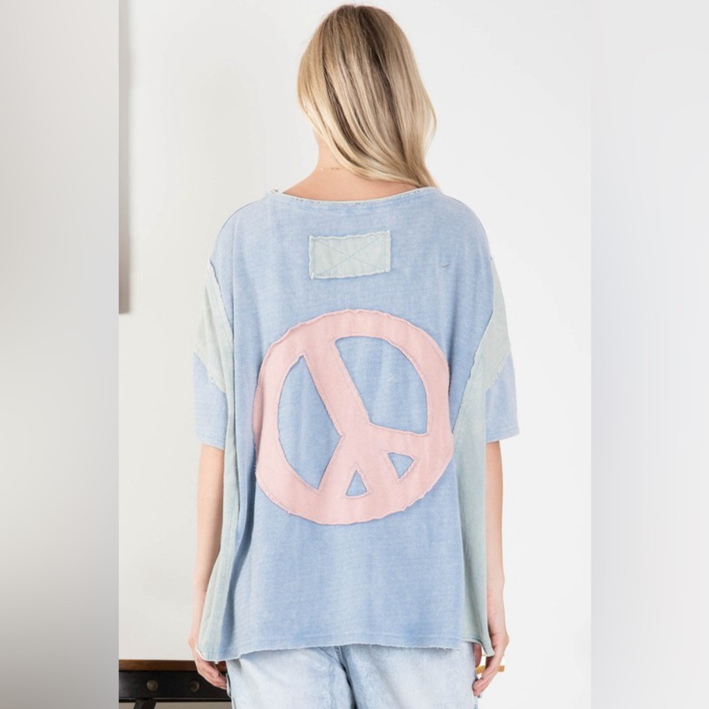 #115 BLUE VELVET 🌸New! Oversized Cotton Tee with Pocket and Peace Patchwork